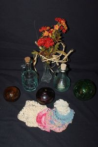 lot 165 image: Vintage Vase with Floral Arrangement and Glass Colored Paperweights