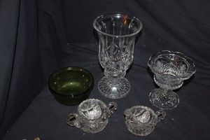 lot 173 image: Mixed Glassware Items Vintage EO Brody Co. Ribbed Rich Green Glass Bowls from 1950s, Vintage Libby American Brillant Cut Glass Creamer and Sugar and Cristal De Flandre 24% Lead Crystal vase and More