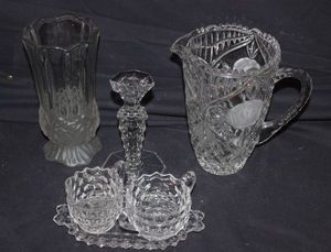 lot 174 image: Glassware Cristal D Flandre 24% Lead Crystal, Genuine Lead Cristal Hand Cut Footed Pitcher, Fosteria American Sugar, creamer and under plate, Candle Holder