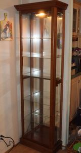 lot 202 image: Narrow Glass and Wood Lighted display Cabinet approx. 78x19x10