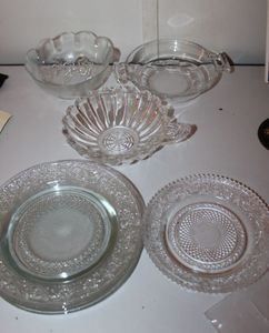 lot 208 image: Clear Glass Dinner Plates, Salad Plates, and 3 bowls