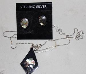 lot 382 image: Sterling Siver Necklace with Pendent with Mother of Pearl inlay and Earrings all stamped 925