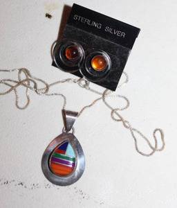 lot 383 image: Sterling Silver Navajo Pendant with Multi Stone Inlay and Earrings all stamped 925
