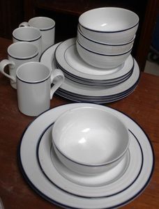 lot 14 image: Dishes Crate & Barrel Plates, Bowls and Dessert Plates, 4 each and 4 Coordinating Dansk Bistro Coffee Cups
