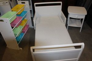 lot 26 image: White Wooden Toddler Bed, Nightstand 18x18x22 and Toy Organizer 34x12x31