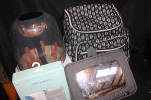 lot 147 image: Bottle Sterlizer, Receiving Blankets, Car Mirror and Diaper Bag Backpack