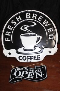 lot 190 image: Vintage Fresh Brewed Coffee Sign and Open Sign