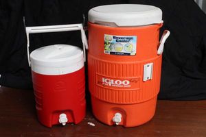 lot 199 image: Igloo 5 Gallon Beverage Cooler and Smaller Igloo Beverage Cooler with Hanging Hooks 2 Gallon