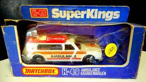 lot 122 image: $$ Vintage Matchbox Super Kings K-49 AMBULANCE KRANKENWAGEN -white -woriginal box