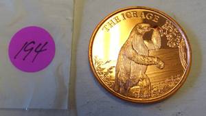 lot 194 image: ONE TROY OUNCE - Ice Age Giant Sloth 1 oz Pure Copper Round