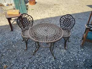 lot 270 image: Vintage cast iron table and 2 chairs