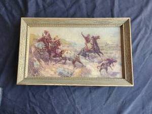 lot 46 image: Vintage framed artwork by CM Russell 1908 -  10 by 17
