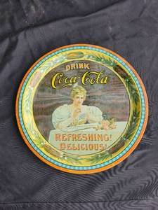 lot 136 image: Vintage reproduction Coca Cola #d metal tray