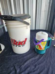 lot 160 image: 5-gallon Bud Racing cooler and Igloo pitcher
