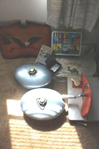 lot 15 image: Vintage metal water tank bed warmers, lunch pal, Camel canvas bags and more