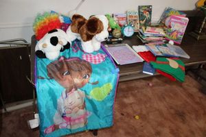lot 72 image: Kids lot stuffed animals, alarm clock, books, and toys