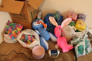lot 131 image: Easter eggs and grass with air pump for inflatables
