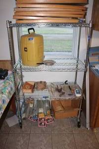 lot 46 image: Chrome wire shelfing unit with locking wheels