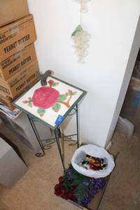 lot 184 image: Plant stand, glass bell ornament, flowers and embroidery floss