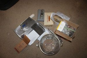 lot 205 image: Smoker box, Mesh chefs pan with lid, cabinet door pulls tools and more