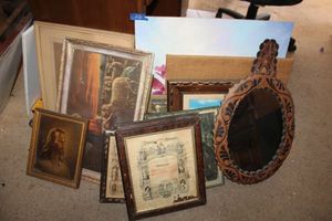 lot 213 image: Vintage wall art and leather frame mirror