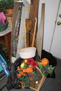 lot 227 image: Baskets and artificial flowers with rose vines and painted gourdes