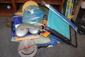 lot 229 image: Camping lot lawn chairs, beach umbrella, vintage cooler and bed warmers