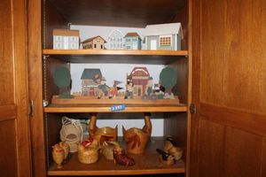 lot 257 image: Wood house village, baskets and woven chickens