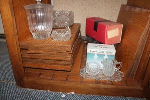 lot 267 image: Lead crystal bowls, cream and sugar bowl, candle holders