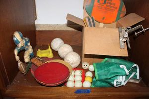 lot 273 image: Sports ping pong, softballs and metal football player