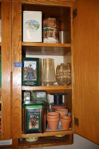 lot 312 image: Decorative tins, mini terra cotta pots, Misc. glass globes