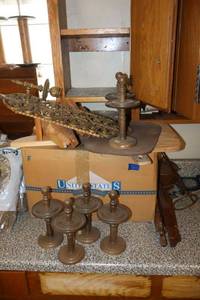 lot 320 image: Vintage candle sconce, wood reindeer, wall shelves, vintage books, and more