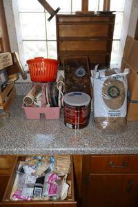 lot 321 image: Craft items and wood shelf