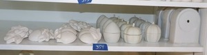 lot 354 image: Unfinished ceramic bisque desk clocks, trinket boxes, and fruit