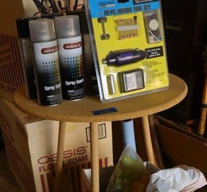 lot 378 image: Small Wooden table, Rotary tool set, and Spray enamel cans