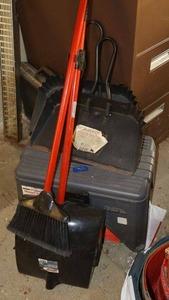 lot 376 image: Plastic toolboxstep stool with broom and dust pans
