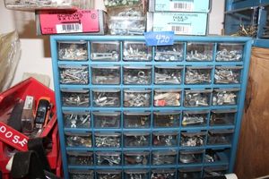 lot 420 image: Plastic hardware organizer and tools