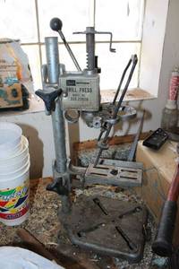 lot 433 image: Sears Drill press, Used hinges, tools and wire