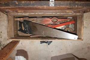 lot 483 image: Vintage wood toolbox and tools
