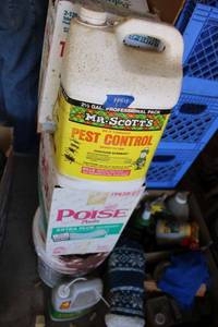 lot 494 image: Pest Control, Palmolive detergent, roof and door sealant tubes, Flashing, house paint