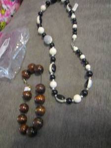 lot 58 image: wooden beaded necklace, black and white beaded necklace