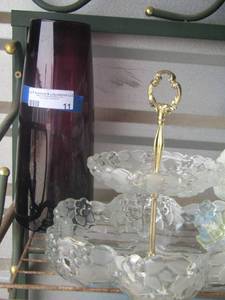 lot 11 image: WALTHER CARMEN CRYSTAL 2 TIER SERVING TRAYCADDY  CANDY DISH  & Purple Vase