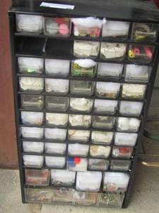 lot 29 image: 50 drawer screw nut and bolt organizer missing 2 drawers  Full of craft stuff
