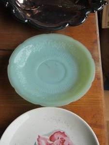 lot 47 image: qty 2 saucers, silver platted bowl and spoon