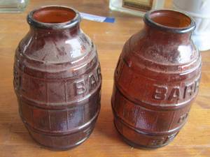 lot 105 image: qty 2 empty glass barrel bottles vintage