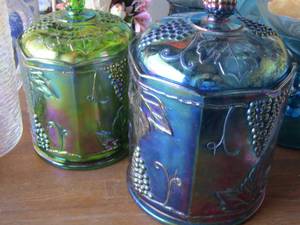 lot 237 image: Carnival GLASS COVERED CANISTERSBISQUIT JARS - BLUE and GREEN   & IRDESCENT GLASS PITCHER