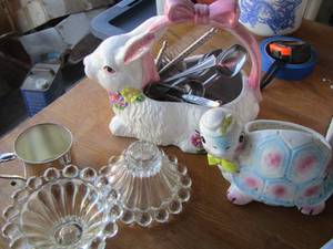 lot 245 image: candle stands, turtle dcor, handled ceramic bunny basket and more