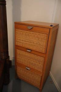 lot 3 image: 3 drawer dresser with basket woven drawers and side panels