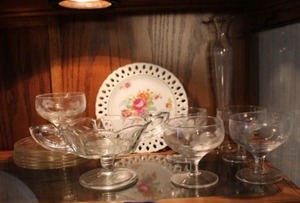 lot 128 image: Etched glass goblets and plates, plus floral print lace edges plate