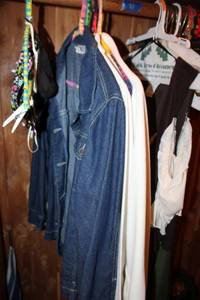 lot 81 image: Womens jackets size M, Renaissance costume, face masks, and rotating tie rack, and umbrellas,  see photos